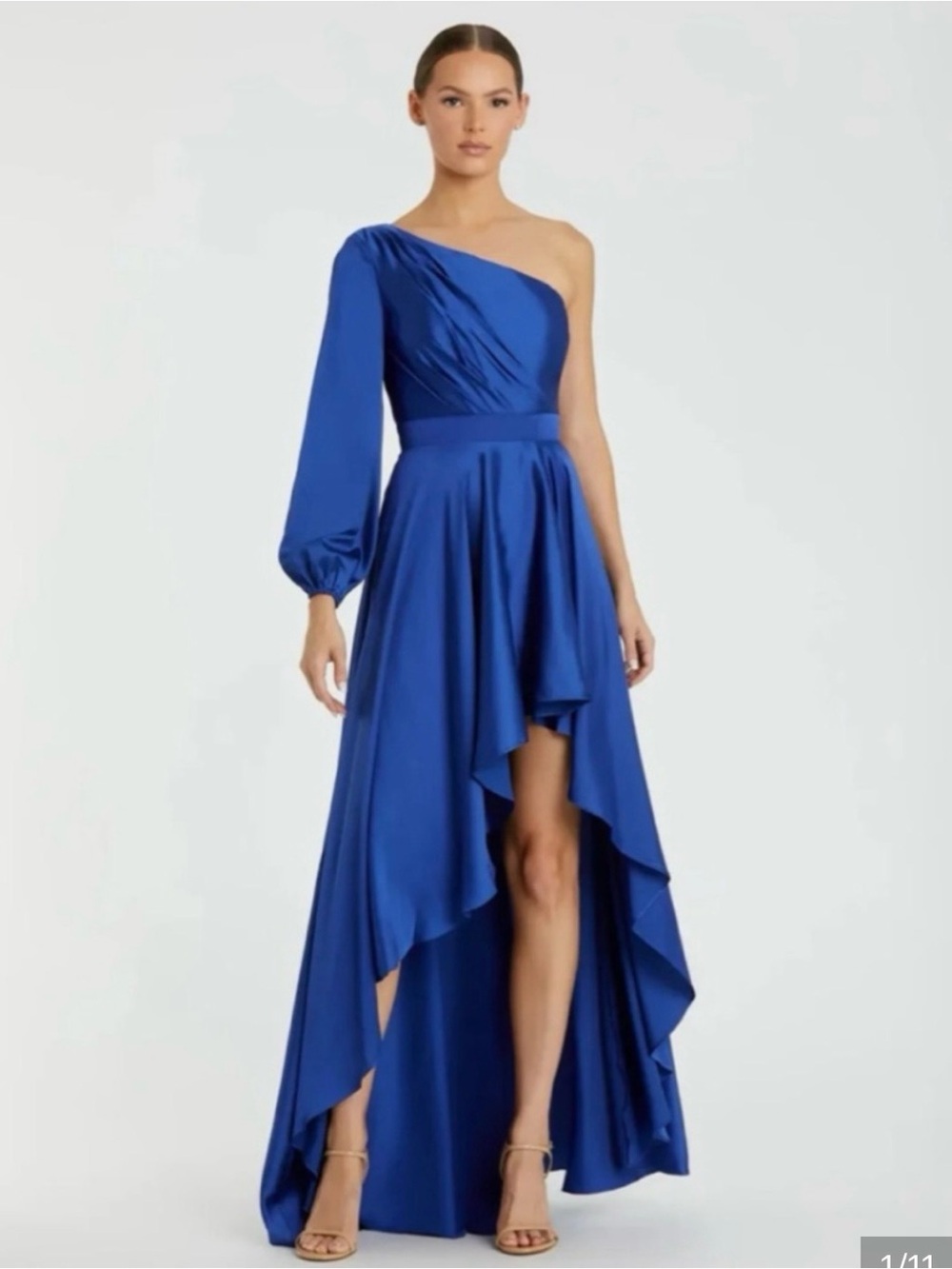 One-Shoulder Royal cobalt Blue High-Low Evening Dress mac dugal satin